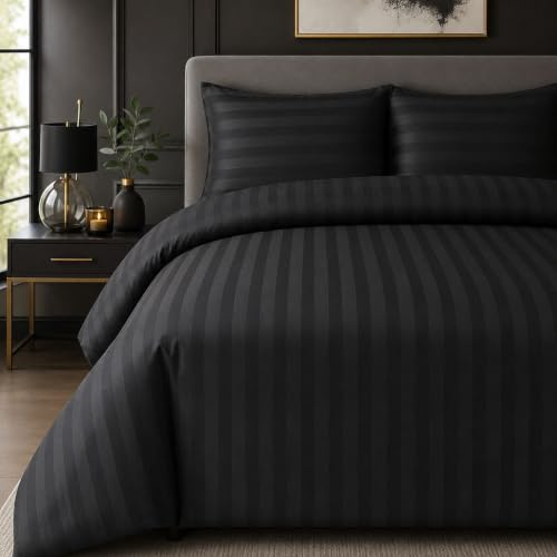 Casabella Satin Stripe Duvet Cover Sets -Luxurious King Black Bedding with Satin Stripes, King size Duvet Cover Sets, Hotel Quality King Size Duvet & Pillowcases, Black Duvet King Size