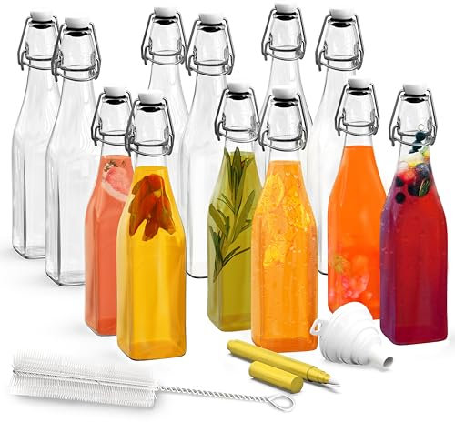 Nevlers Botellas de vidrio cuadradas de 17 onzas | Paquete de 12 botellas de vidrio con tapas para exprimir | Cerveza casera | Limoncello | Mead | Juego completo de botellas de vidrio selladas con