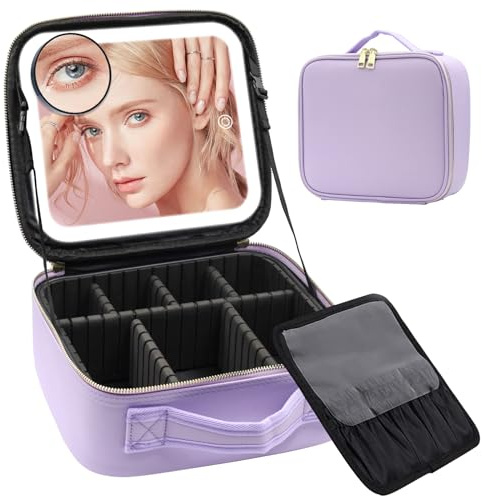 Reise-Makeup-Tasche Kosmetiktasche Make up Organizer Tasche mit großen beleuchteten Spiegel 3 Farbe Modi einstellbare Helligkeit, wasserdicht PU Leder Makeup Reisekoffer Makeup Zug Tasche