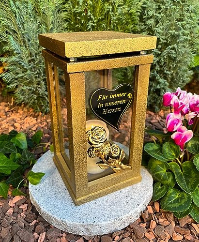 Lanterne funéraire avec rose et cœur avec texte doré - Bougie funéraire - 27 cm de hauteur - Décoration funéraire - Nouveau modèle sans socle