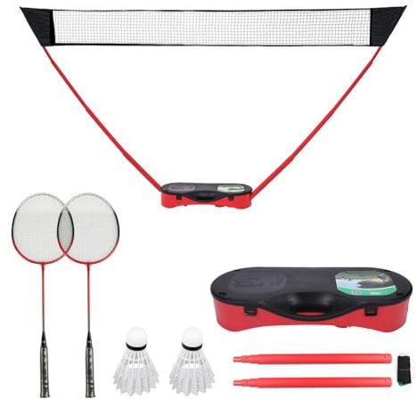 FBSPORT Tragbares Badminton-Netz-Set mit freistehender Basis, 2 Badmintonschläger, 2 Federbälle und 1 Netz, für Outdoor-Indoor-Sportarten, einfaches Setup-Netz