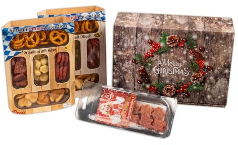 WURSTBARON® Weihnachtsgeschenkbox Merry Christmas klein, mit leckeren Snacks und köstlicher Salami, Geschenkkorb zu Weihnachten