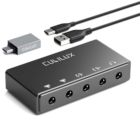 Cubilux CB5 USB Soundkarte mit Mic in, Line In & Out, Kopfhörerausgang | USB Audio Interface CB5 mit 3,5 mm Stereo Mic In, Line In, Line Out und Kopfhörerausgang für Recording und Podcast