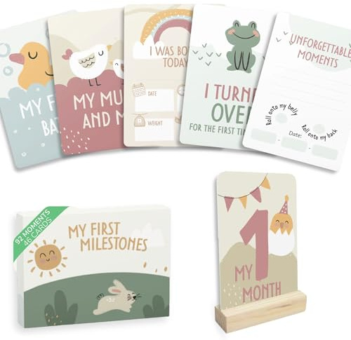 HuBorns - Meilensteinkarten Baby zur Erinnerung an Besondere Momente | Einzigartige und Wunderschön Gestaltet, 46 Baby Monatskarten, Ideal für Babygeschenke