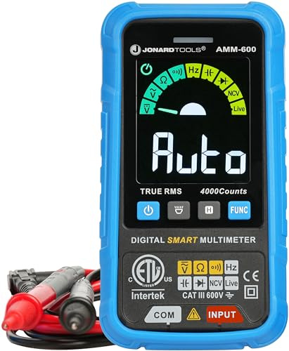 Jonard Tools AMM-600 Multimètre numérique intelligent automatique certifié ETL 4000 points TRMS Test A/C D/C Voltage, résistance, continuité, fréquence, capacité, diode, NCV et fil en direct, 600 V