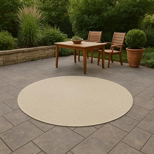 CARPETIA In- & Outdoor Teppich Rund Kreismuster Creme Jute-Optik Ø 120 cm | Pflegeleicht, wetterfest, UV-beständig und robust, OEKO-TEX geprüft, für Balkon, Terrasse, Garten, Wintergarten & Veranda