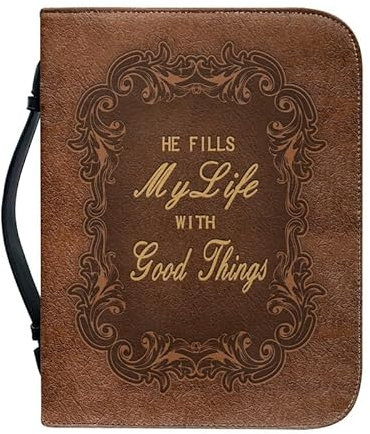 Kuiaobaty Braune Leder-Bibelhülle für Männer mit Taschen, Gottessprüche, Buchhülle, Reißverschluss, für Studium, Bibel, Kirchengeschenk für Vater