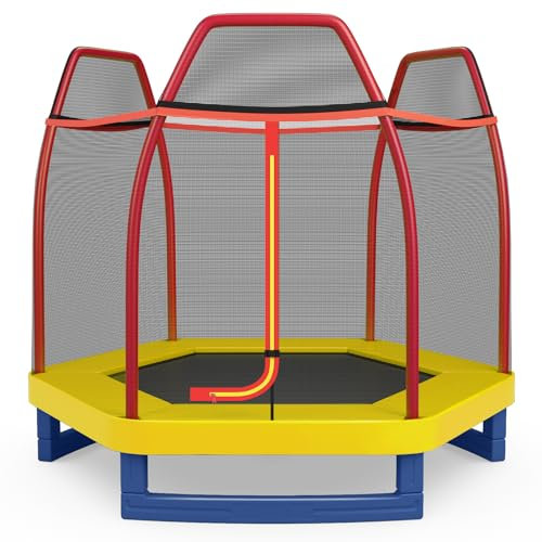 LIFEZEAL Trampolin für Kinder ab 3 Jahren, Ø 223 x 186 cm, Kindertrampolin für Innen & Außen, Gartentrampolin mit Sicherheitsnetz, Max. 100 kg (Gelb)