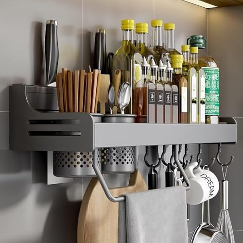 ZOKT Spice Rack Organiser, Spice Racks Wall Mounted, With Adhesive Stickers Kitchen Spice Organiser, Wall Mounted Spice Rack is Suitable for Ceramic tile Wall, Glass, Grey 50cm.