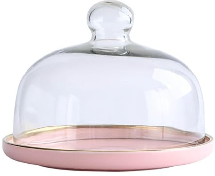 Kuchenhaube Keramik Kuchenplatte Glas, Kuchenglocke Ständer Tortenständer Glashaube Lebensmittel Abdeckung Für Hochzeit Geburtstag Party,Rosa,25cm
