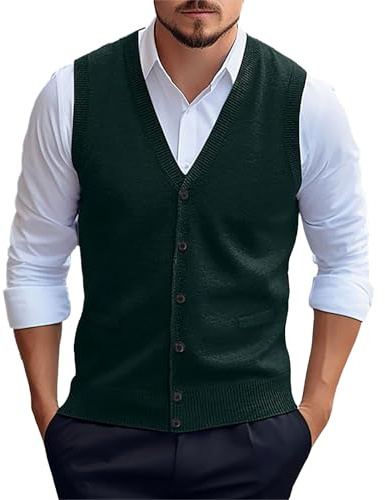 Gilet da uomo in maglia con bottoni, slim fit, con scollo a V, senza maniche, morbido misto lana, gilet casual, leggero e traspirante, ideale per ufficio, golf e uso quotidiano, Verde, XL