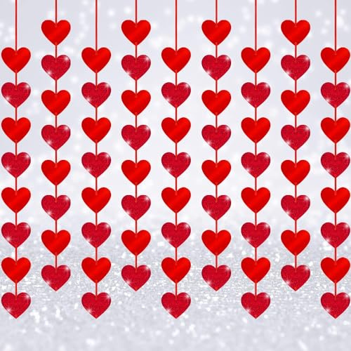 12 Stück Herz Girlande, Valentinstag Deko, Luftschlangen Herzen Girlande Herz Banner, Hängedeko Fenster, Rot Herz Deko Girlande Hängedeko, Heiratsantrag Deko, Dekoration Rot Glitzer Herzgirlanden