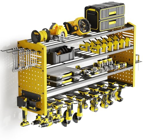 Tomorotec 4 Layers Wall-Mounted Power Tool Storage Rack for Drill, Toolbox & Accessories, Heavy-Duty Steel Organizer with Side Hooks and Adjustable Shelves, Easy Installation Garage (Yellow)