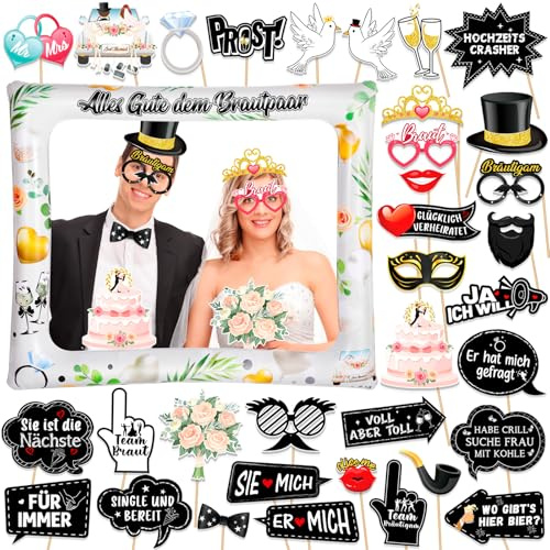 HOWAF 34 Stücke Deutsche Sprüche Fotobox Accessoires Hochzeit Foto Requisiten und Brautpaar Aufblasbarer Fotorahmen für Hochzeit JGA Partydeko