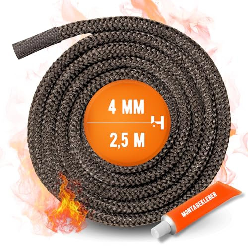 Cordon d'étanchéité de poêle, 2,5 m de long, diamètre 4 mm, joint pour portes de cheminée, de poêle et de chaudière, kit avec colle haute température et manchon de raccordement, kit de réparation pour