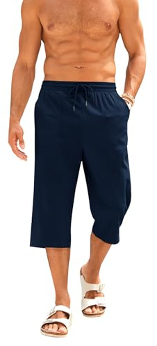 Runcati Korta byxor, herr, bomull, linne, bermudashorts, 3/4 längd, sommarbyxor, yoga, jogging, lediga sweatbyxor, sportshorts, fritidsbyxor, sweatshorts, herrbyxor med fickor, Mörkblå, XXL