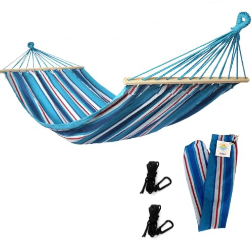Rijoka Hängematte mit Spreizstange – 200x140cm – Blau gestreift – 1 Person – Inkl. 2 Haken, Seil und Aufbewahrungstasche