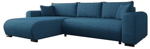 Mirjan24 Ecksofa Merkos Cord mit Bettkasten (Poso 05) | Freistehende Eckcouch mit Schlaffunktion, gepolstertem Rücken, beweglichen Kissen und universeller Ottomane
