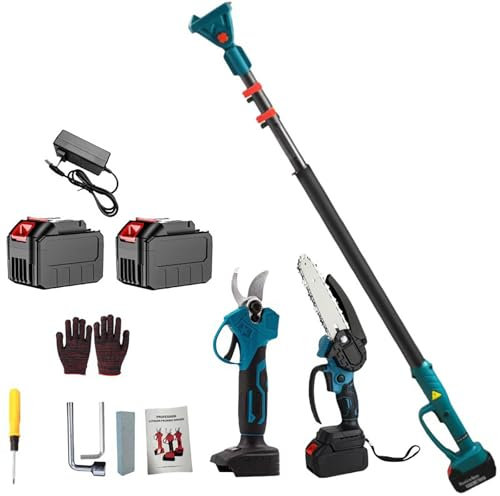 4 in 1 Akku Teleskop Kettensäge mit Elektrische Hochentaster, mit 2 * 4000mAh Akkus, Gartenschere mit Teleskopstange, Geeignet für Gartenpflege und zum Holzfällen (mit verlängerungsstange)