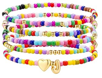 TINGN 5 Stück Bunte Perlen Armband Damen Mädchen Handgefertigt Perlen Armband mit Buchstaben Boho Herz Armbänder Stapelbare Armbänder Set Personalisierte Geschenke für Frauen Teenager Mädchen Schmuck