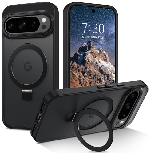 DOMAVER Case for Google Pixel 10/10 Pro with Ring Stand, Mobile Phone Case Google Pixel 10/10 Pro Case Compatible with Mag Safe, Translucent Matt All-Round Protection Magnetic Protective Case, Black
