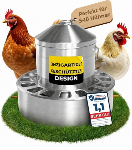 EDELTROOX® Edelstahl Futterautomat Hühner (4L / 8L / 12L Volumen) I Spart bis zu 40% Futter I aufhängbar & rattensicher I Abnehmbares klick-Gitter I Spülmaschinengeeignet I frei von scharfen Kanten
