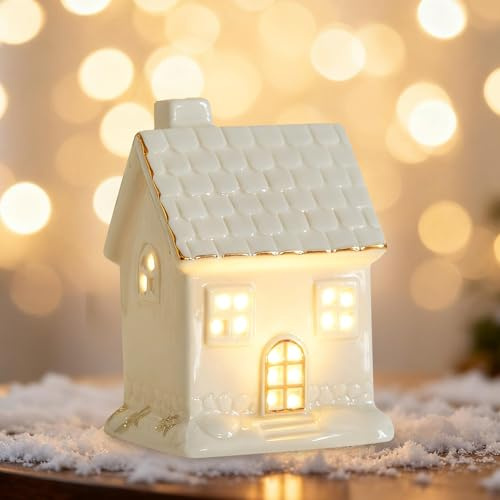 Nexoria Weihnachtsdeko Keramik Lichthäuser Weihnachtsdorf Beleuchtet Porzellan Lichterhaus Weiß LED Weihnachtshäuser Weisse Lichthaus Windlicht für Weihnachtsdeko Innen Winter (C)