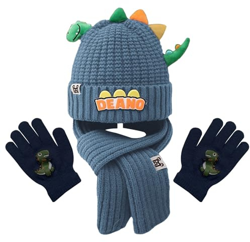 FOSDICK Hat Scarf and Gloves Set Kids, 3-in-1 Winter Warmer Knitted Hat Scarfs Gloves Set, Cute Dinosaur Beanie Scarves Thermal gloves, Winter Accessories Sets for Children Outdoor Age 5-12