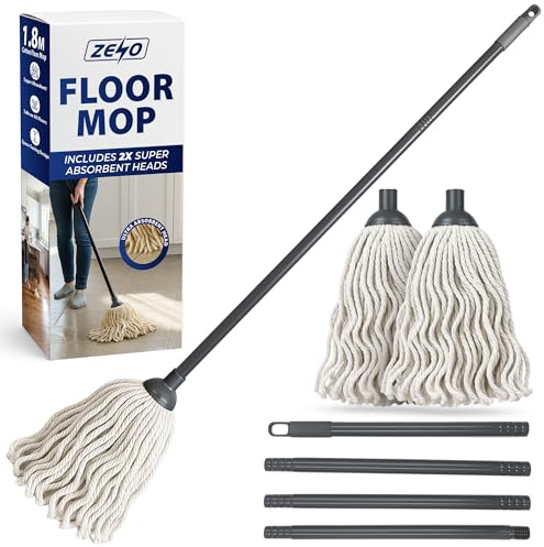 ZENO Cotton Floor Mop 150CM | Mop with 2 Ultra Absorbent Heads & Metal Pole Handle | Mops for Cleaning Floors, Kitchen, Office, Bedroom | Easy Twist & Lock Assembly | Ultra Absorbent Cotton Head