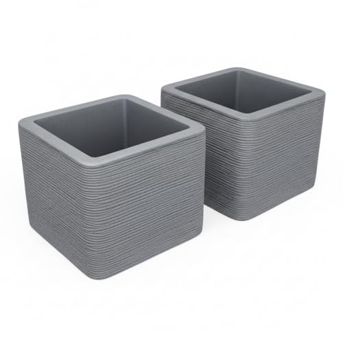 Pincho Maceteros Grandes Exterior Macetas Cuadradas, Tiestos para Plantas Interior, Decoración Terraza Exterior + Textura Piedra, Plástico PE Anti-UV - 40×40×33 cm, Gris, Fondo Reforzado (2)