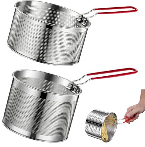 Juego de 2 cestas de acero inoxidable para freír, colador de alimentos, colador para pasta, colador de pasta para olla, colador de pasta con mango extraíble para cocina, patatas, escurrir, freír