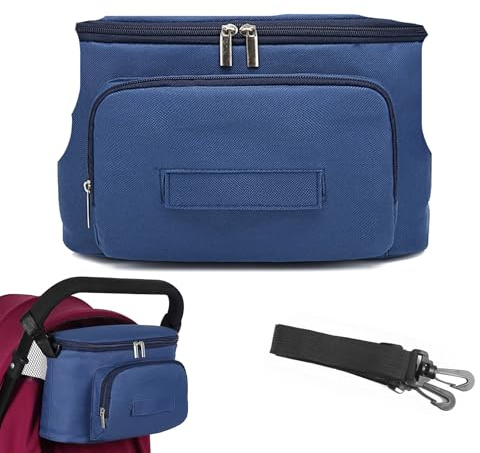 Organisateur Poussette Universel, Sac de Rangement Bébé avec Poche Zippée, Porte-Gobelet et Bandoulière, Grande Capacité, Accessoire Multifonction Sortie et Bain Bébé (Bleu)
