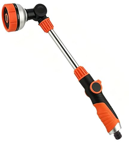 Pyralidsg Garden Gießstab, 47CM Gießstab Lang mit 180° Schwenkbaren Kopf, Gartenbrause Metall mit 8 Sprühmustern, für Gartenbewässerung, Autowäsche, Haustierdusche (Orange)