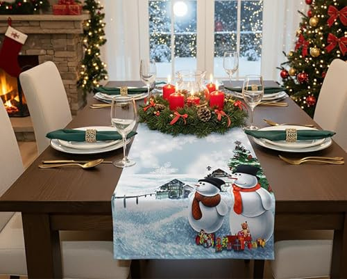 KAMACA Tischläufer 40x140 cm mit hochwertigem Druck-Motiv Küche Esstisch Eyecatcher Herbst Winter Weihnachten (Frosty Snowman)