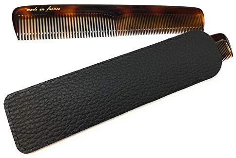 Herrkammen acetat havanna-bernstein 15,5 cm made in France (61) med äkta läder etui svart fickkam barkamm