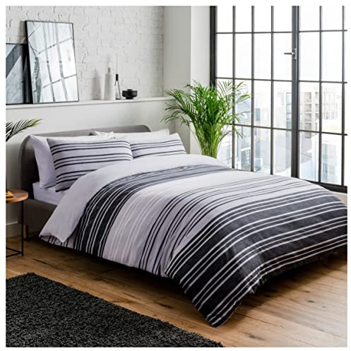 Sleepdown Duvet Cover Set - Black Grey - Textured Stripe - Reversible Quilt Cover Easy Care Bed Linen Soft Cosy Bedding Sets with Pillowcases - King (230 cm x 220 cm)