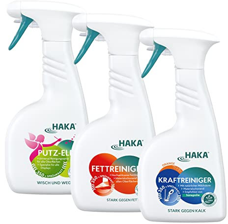 HAKA Haushalt Reinigungs-Set, 3x500 ml Spray, Fettreiniger für Küche & Grill, Kraftreiniger gegen Kalk & Schmutz im Bad, Putz-Elfe Displayreiniger empfindliche Flächen, umweltfreundlich