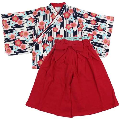 Baby Kids Hakama Style Coverall Set Filles Kimono Style Girl Japonais Formel Birthday Halloween Robe Enfant (Navy, 110)