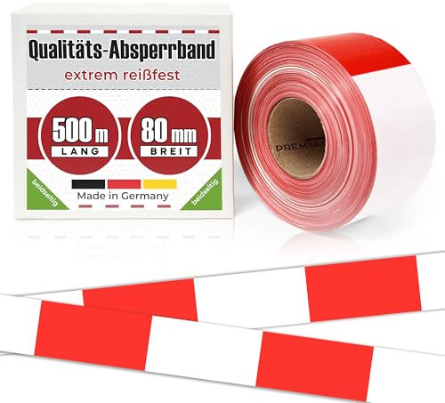 Absperrband 500m x 80 mm Flatterband rot weiß Baustelle Feuerwehr Polizei im Karton extrem reißfest 35 µm Baustellenband Sichern von Gefahrenstellen Absperren rotes Warnband für Kinder