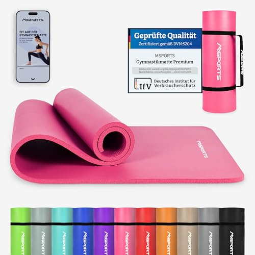 MSPORTS Tapis de gymnastique de qualité supérieure avec sangle de transport, poster d'exercices + application d'entraînement I Tapis de fitness doux pour la peau 190 x 80 x 1,5 cm – Rose pastel –