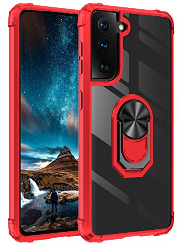 UEEBAI Case for Samsung Galaxy S21 5G, Acrylic Crystal Clear Ring Holder Case Ultra Slim Shockproof TPU Bumper Hard PC Case Rotatable Ring Kickstand Cover for Samsung Galaxy S21 5G - Red