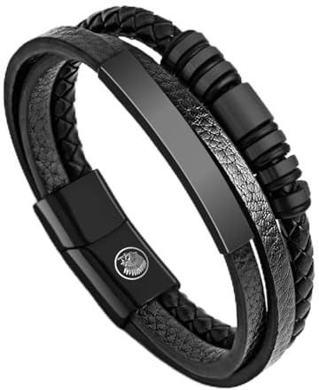 Casisto.J Lederarmband Herren Armband Herren Männer Leder Edelstahl Gravur Schwarz Braun Geflochten mit Magnet Verschluss