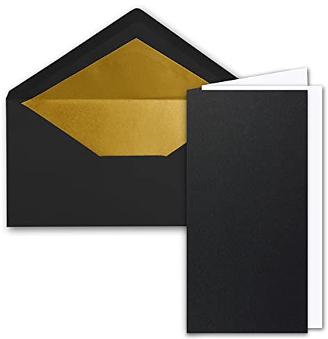 25x Faltkarten-Set DIN Lang inkl. Briefumschlägen mit goldenem Seidenfutter und weißen Einlegeblättern in Schwarz - 10,5 x 21 cm - für Einladungen und Grußkarten