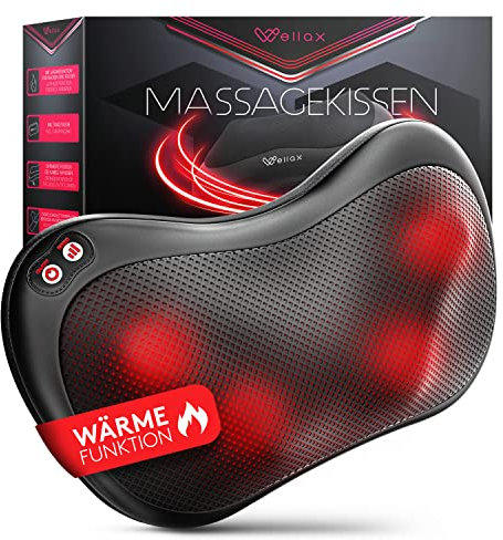 Wellax - Massagekissen mit Wärmefunktion & 360° Drehung - Shiatsu Nackenmassagegerät mit 3 Geschwindigkeiten für Schultern & Rücken - inkl. Verlängerungsgurt - Neck Massager, Schwarz