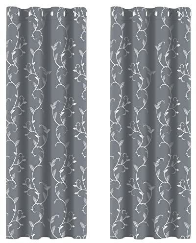 BUHUA Verdunkelungsgardinen mit Ösen, Thermo Gardinen Blickdicht Vorhänge, Verdunkelungsvorhänge Weinstock Muster Wohnzimmer, 2er Set H 229 x B 132 cm, Hellgrau