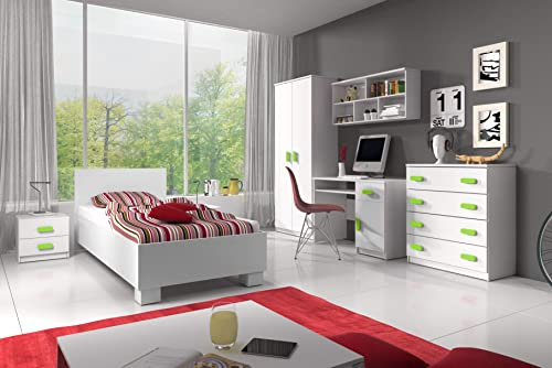 Fabryka Mebli Idźczak Kinderzimmer-Set Jonas I 01 - Schrank, Bett, Wandregal, Kommode, Schreibtisch, Nachttisch - Kleiderschrank - Skandinavischer Stil, Modern Design - Weiß/Grün