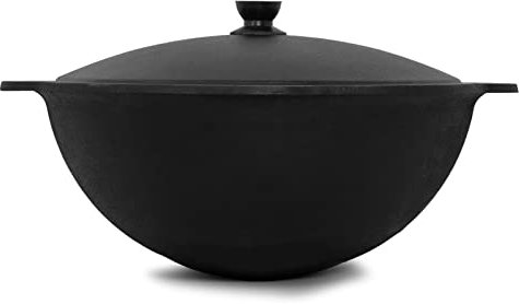 Namangan Kazan Pot pivotant en fonte 22 l (fond rond) Kazan Ouzbek Cast Iron Chaudron Uzbek Camping Uzbek Asia Wok avec couvercle en aluminium
