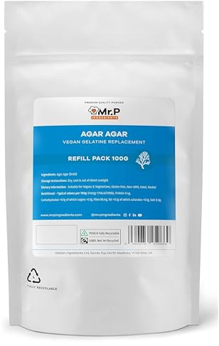 Mr.P Ingredients Agar Agar 100g Refill Pack en Polvo Gelatina Reemplazo Ideal Para Preparar Jaleas y Mousses Vegano Vegetariano Halal Kosher No-OGM