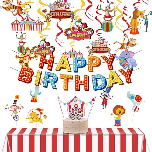 Zirkus Geburtstag Deko Kindergeburtstag Banner HAPPY BIRTHDAY Kuchendeko Deckenhänger Tischdecke Rot