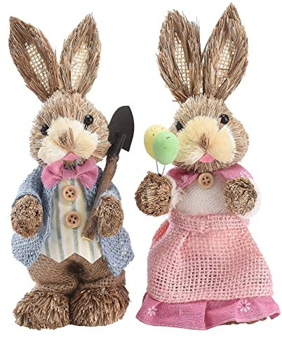 RAZURE Set di 2 statuette di coniglietto pasquale in piedi, graziose statue rustiche in paglia intrecciata, decorazione da scrivania per Pasqua, casa, ufficio, vacanze (23,6 cm)